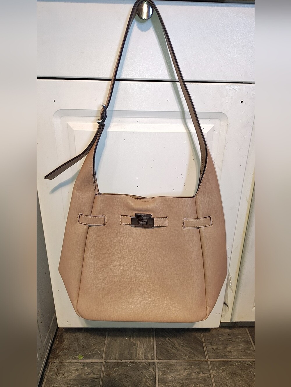 Women's Shoulder Bag in Beige - Soft Pebbled Leather Hobo